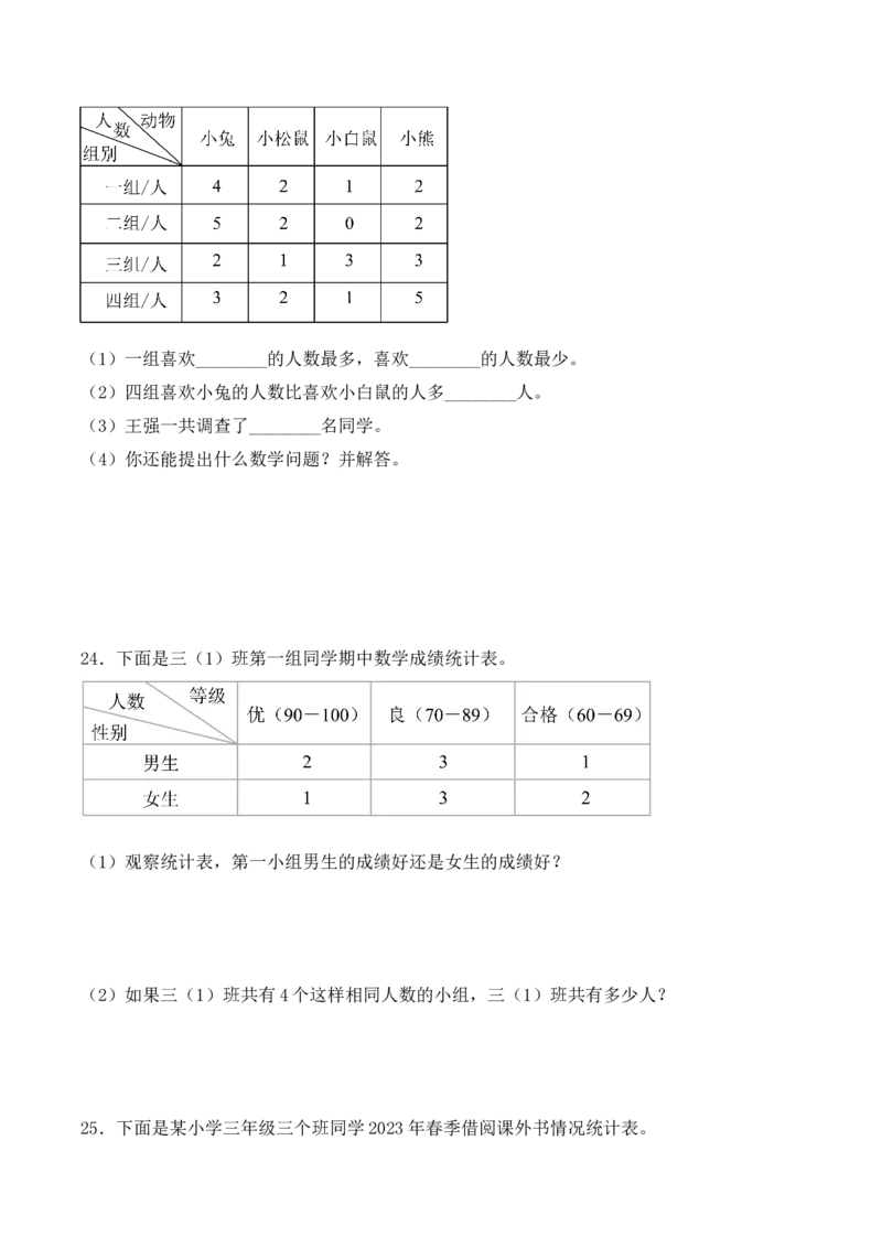 第三单元、复式统计表单元测试卷（学生版）-（人教版）_26春人教版数学三下_00、更新资料3月18日_单元复习专项-K48_2025版