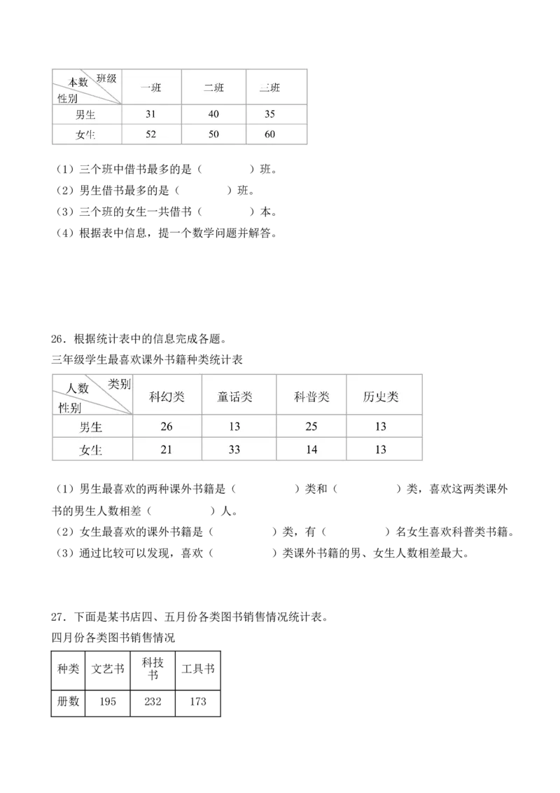第三单元、复式统计表单元测试卷（学生版）-（人教版）_26春人教版数学三下_00、更新资料3月18日_单元复习专项-K48_2025版