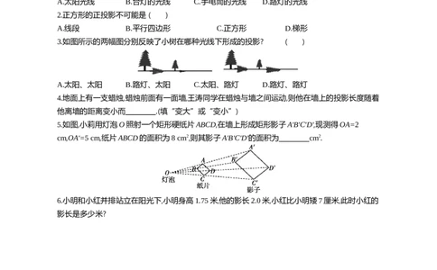 29.1投影课时1平行投影与中心投影+课时2正投影_2026春《初中一遍过》系列_2026《天星教育&bull;一遍过》（9年级下册)）(人教+北师）_2026《初中数学&bull;一遍过》9年级下册(人教)课时检测