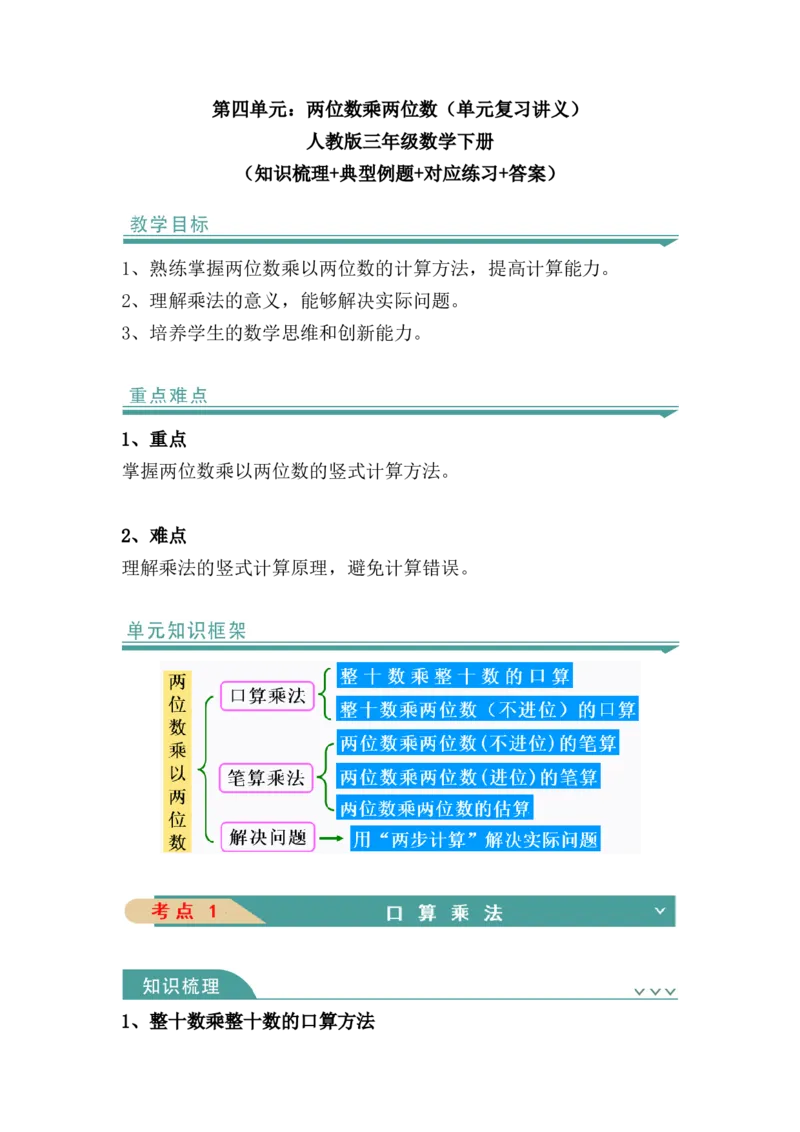 第四单元：两位数乘两位数（知识清单）（知识梳理+典型例题+对应练习+答案）_26春人教版数学三下_00、更新资料3月18日_单元复习专项-K48_2024版