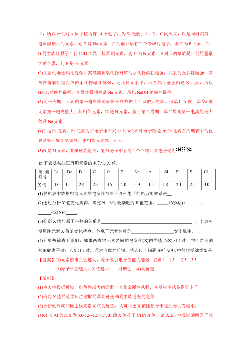 1.2.2元素周期律（分层作业）-（人教版2019选修第二册）（解析版）_高化_595801221724高中化学新人教版选择性必修一二三电子版教案PPT课件高中试卷_选择性必修2册（人教版）_分层作业