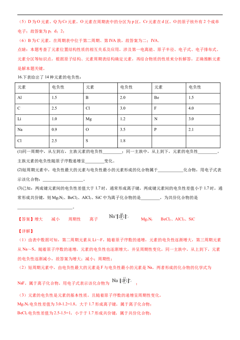 1.2.2元素周期律（备作业）(解析版)-上好化学课2020-2021学年高二选择性必修2同步备课系列（人教版2019）_高化_2025春-人教版高中化学_04新版高中化学选择性必修2_05习题试卷_02作业