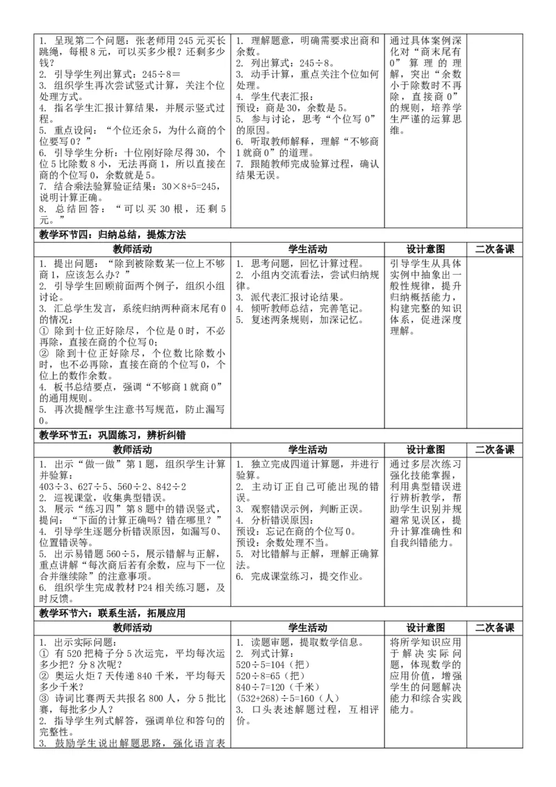 第2单元除数是一位数的除法_26春人教版数学三下_00、教案3套完整版_第2套表格式核心素养教案-全册合在一起_单元教案_有反思版