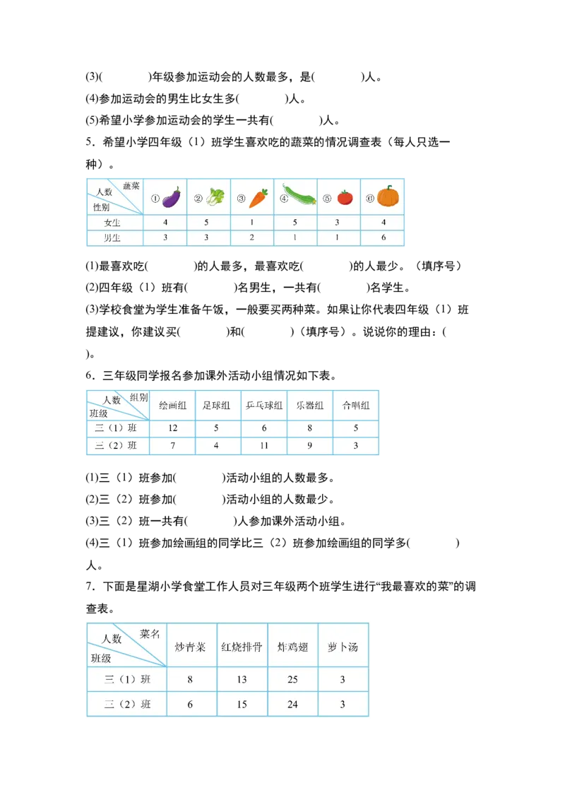 第三单元专项练习：单式统计表与复式统计表综合应用-（学生版）人教版_26春人教版数学三下_00、更新资料3月18日_解决问题专项练习-T7(1)_2025版
