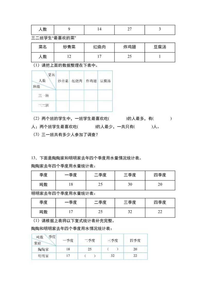 第三单元专项练习：单式统计表与复式统计表综合应用-（学生版）人教版_26春人教版数学三下_00、更新资料3月18日_解决问题专项练习-T7(1)_2025版