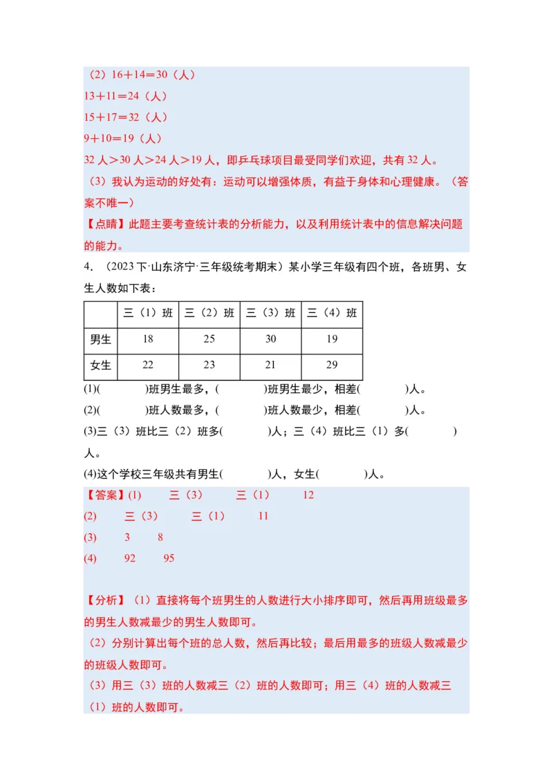 第三单元复式统计表&middot;单元复习篇-三年级数学下册（解析版）人教版_26春人教版数学三下_00、更新资料3月18日_知识总结(4)