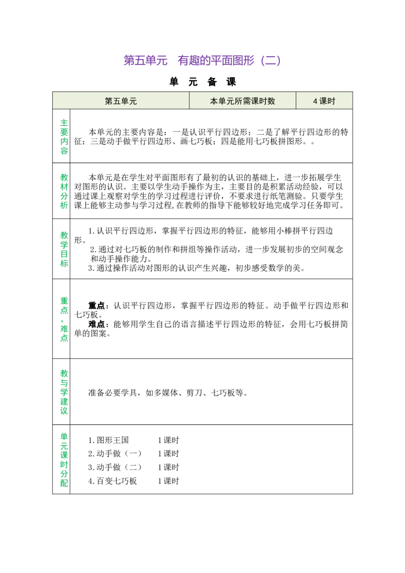 单元备课_26春北师大版数学二下_00、教案共6套完整版表格式+文档式整册+课时word版_第1套表格式教案（有反思）_06第五单元有趣的平面图形（二）教案