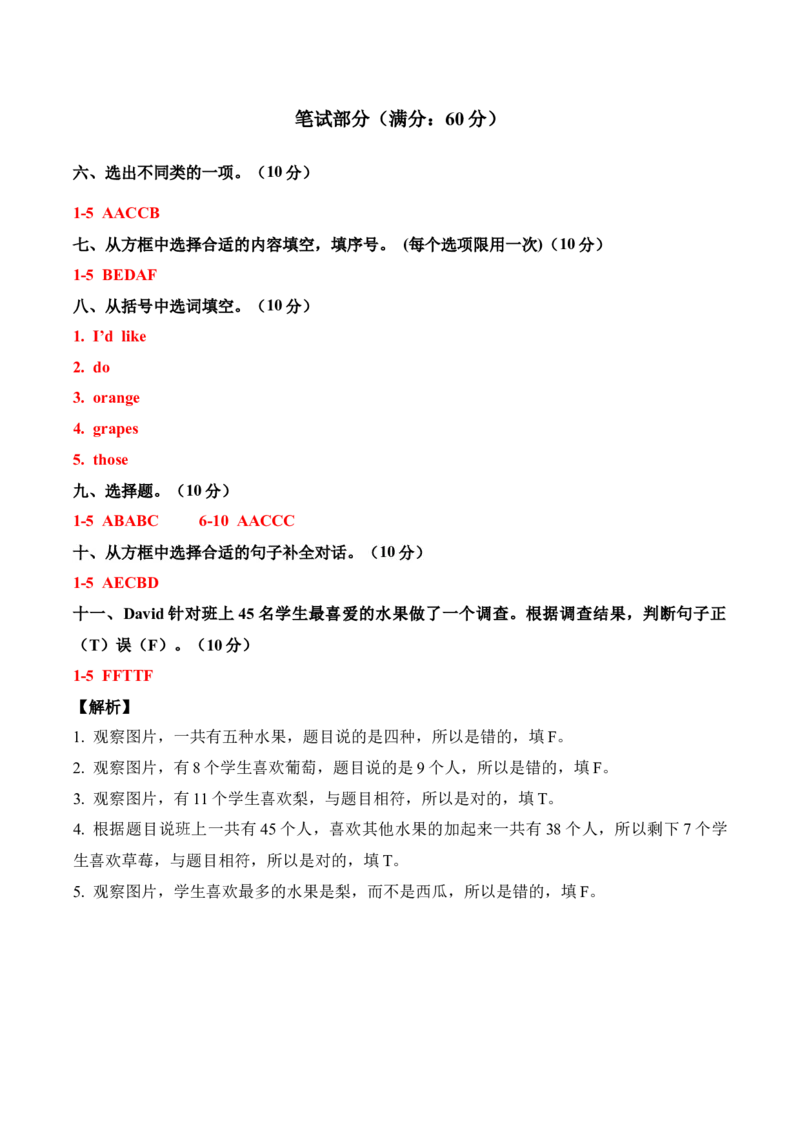 Unit5Fruit（单元测试）答案详解_三下译林版2026英语_单元测试