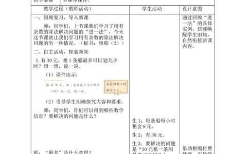 第三单元第5课时租船（2）_26春北师大版数学二下_00、教案共6套完整版表格式+文档式整册+课时word版_第2套表格式教案（有反思）_第三单元除法的应用