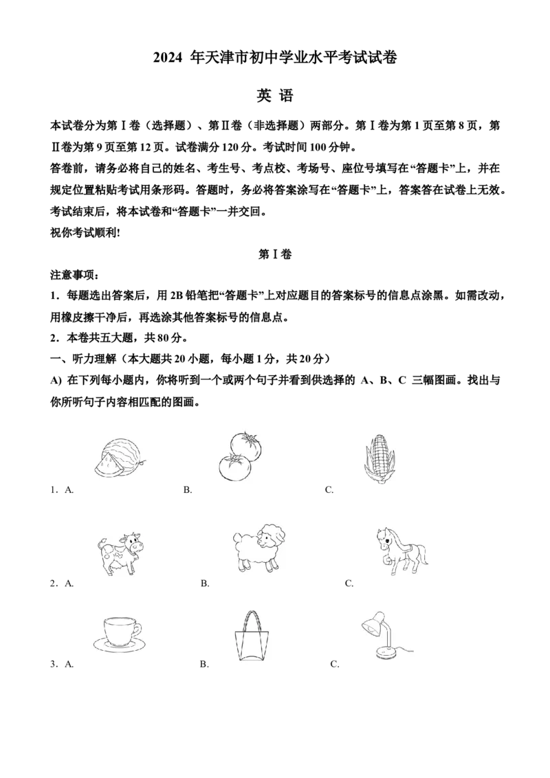 精品解析：2024年天津市中考英语真题（解析版）_仁爱版英语九年级下册资料包_全国各地中考真题_2024年全国中考英语真题29份_精品解析：2024年天津市中考英语真题