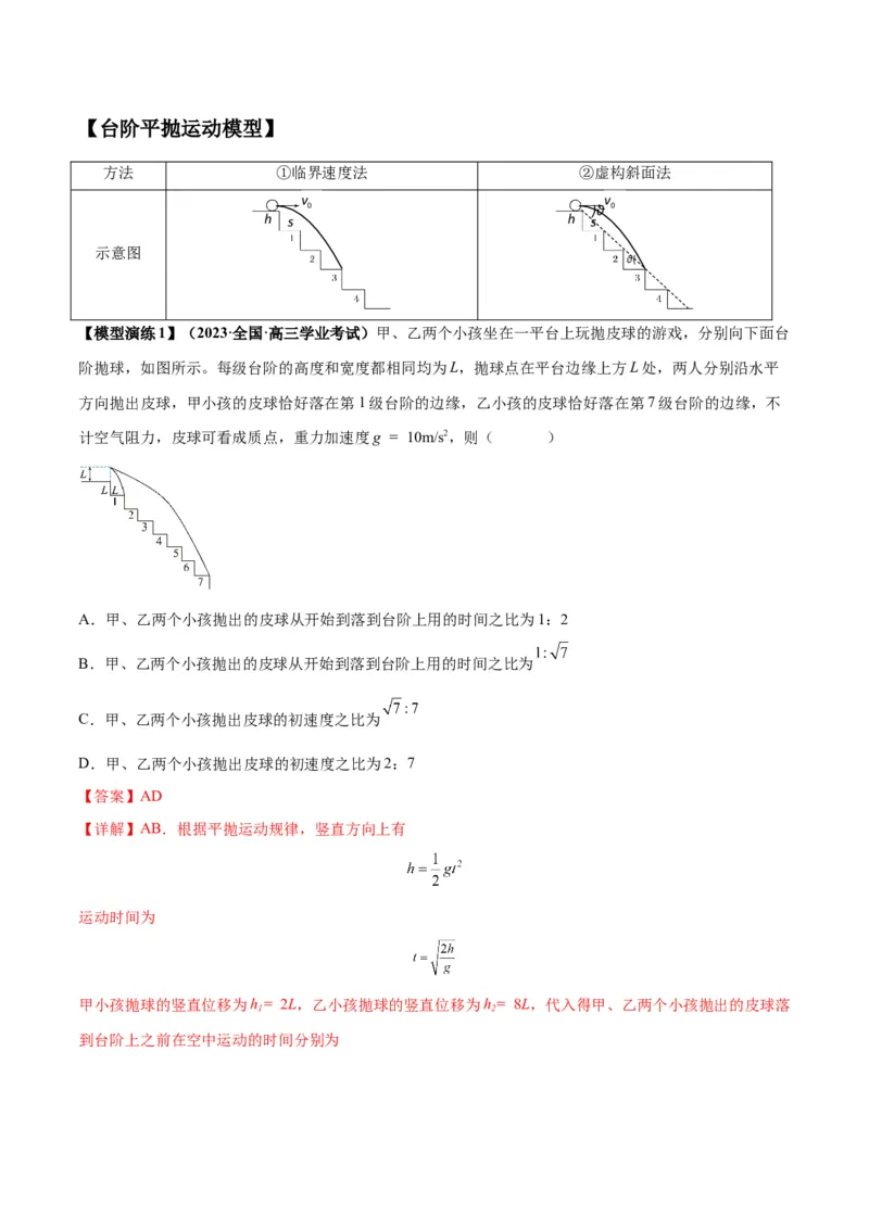 专题07抛体运动模型（答案版）_高中物理模型题型与方法