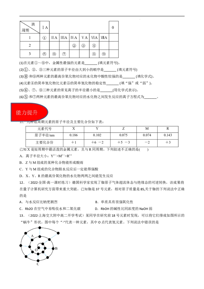 4.2.2元素周期表和元素周期律的应用（习题）-名课堂精选2022-2023学年高一化学同步精品备课系列（人教版2019必修第一册）（原卷版）_高化_2025春-人教版高中化学_01新版高中化学必修一