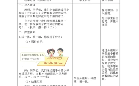 第三单元第2课时搭一搭（二）(1)_26春北师大版数学二下_00、教案共6套完整版表格式+文档式整册+课时word版_第2套表格式教案（有反思）_第三单元除法的应用