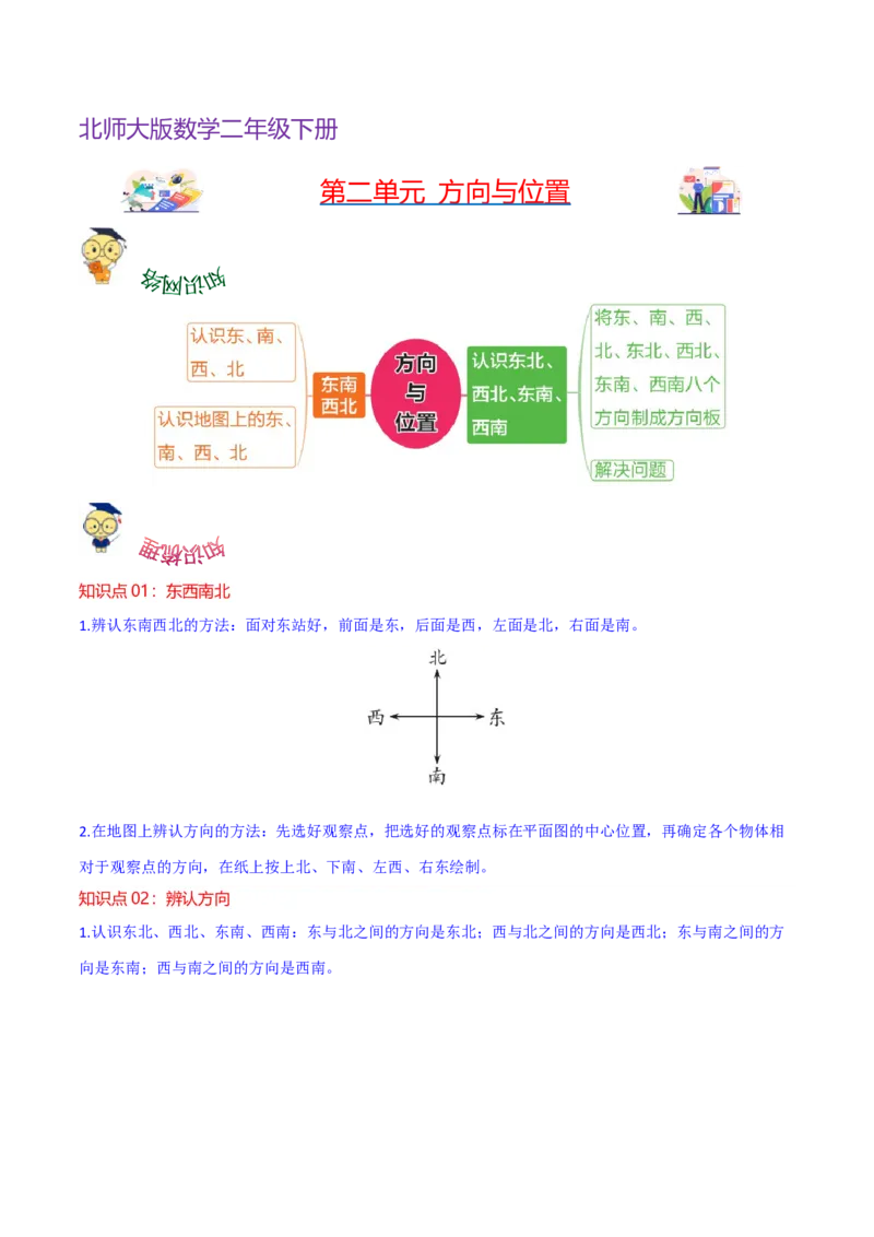 第二单元方向与位置（知识清单)（北师大版）_26春北师大版数学二下_19、赠送其它资料_二年级数学下册（北师大版）_旧版_二年级数学下册（北师大版）_单元知识复习专项-K43_2024版