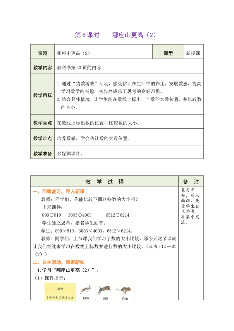 第8课时哪座山更高（2）_26春北师大版数学二下_00、教案共6套完整版表格式+文档式整册+课时word版_第1套表格式教案（有反思）_05第四单元生活中的大数教案