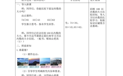 第7课时哪座山更高（1）_26春北师大版数学二下_00、教案共6套完整版表格式+文档式整册+课时word版_第2套表格式教案（有反思）_第四单元生活中的大数