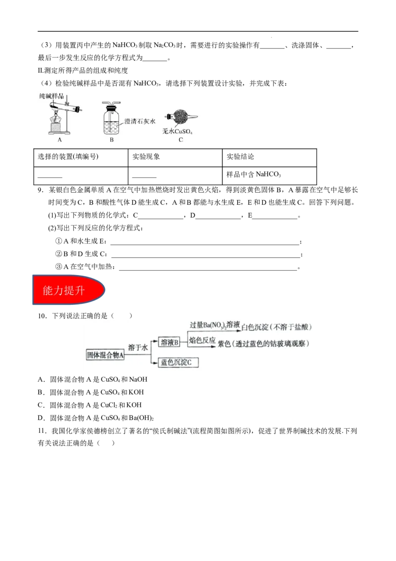 2.1.4焰色试验和侯氏制碱法（习题）-名课堂精选2022-2023学年高一化学同步精品备课系列（人教版2019必修第一册）（原卷版）_高化_2025春-人教版高中化学_01新版高中化学必修一_习题