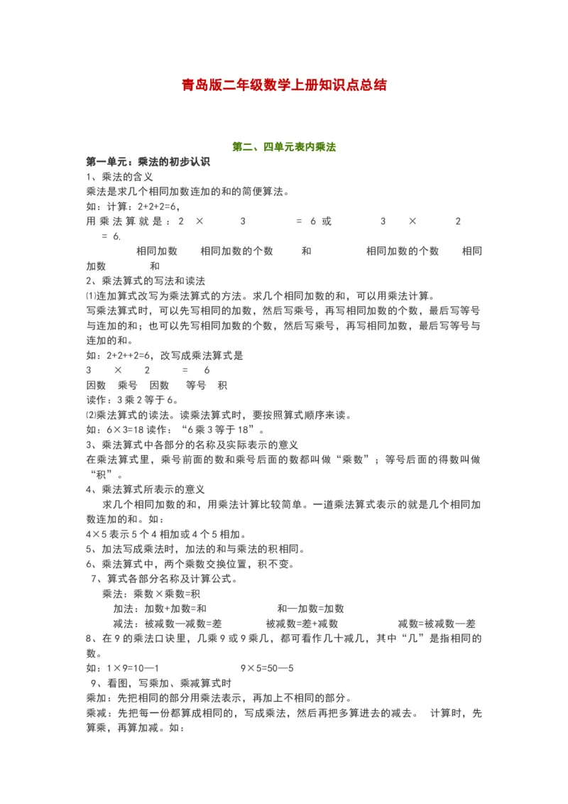 青岛版二年级数学上册知识点总结_《小学各科知识点》_小学数学《知识梳理》1-6年级上下册_上册_青岛版（六三制）小学数学1-6年级上册知识汇总