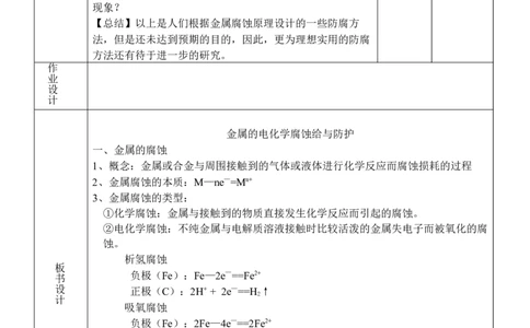 4.3金属的电化学腐蚀与防护-2021-2022学年高二化学同步备课教案设计（人教版2019选择性必修1）_高化_2025春-人教版高中化学_03新版高中化学选择性必修1_02教案_教案（表格式）