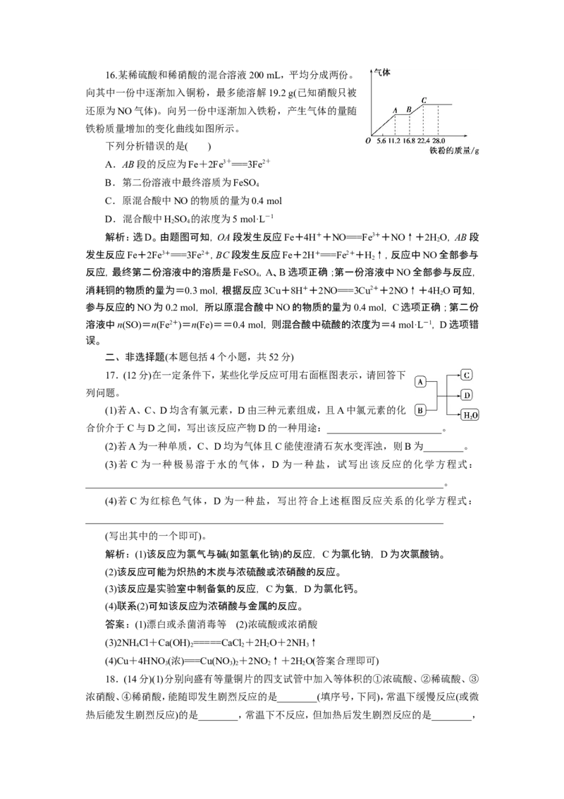 2019-2020学年新教材人教版必修第二册第五章化工生产中的重要非金属元素本章测试(1)_高化_2025春-人教版高中化学_02新版高中化学必修二_5.试卷习题_单元测试_单元测试+综合试题