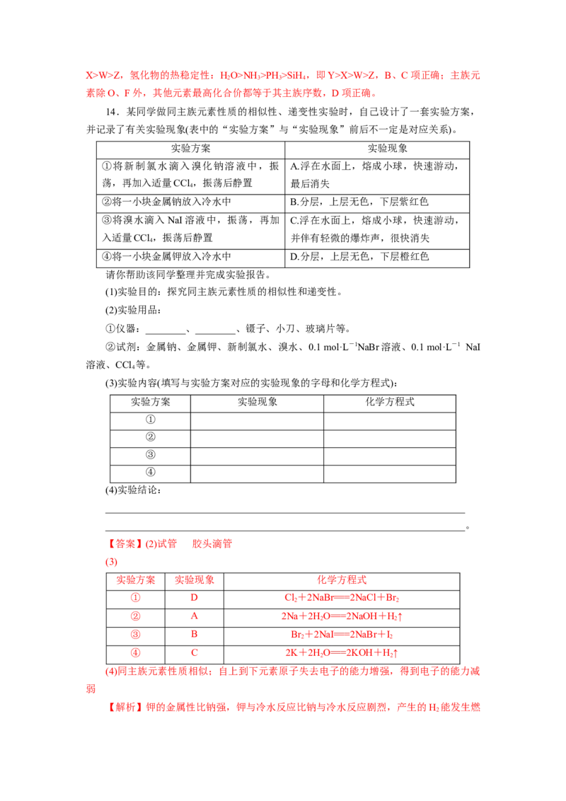 4.2.1元素性质的周期性变化规律（分层作业）-（人教版2019必修第一册）（解析版）_高化_595801221724高中化学新人教版选择性必修一二三电子版教案PPT课件高中试卷_必修一册（人教版）