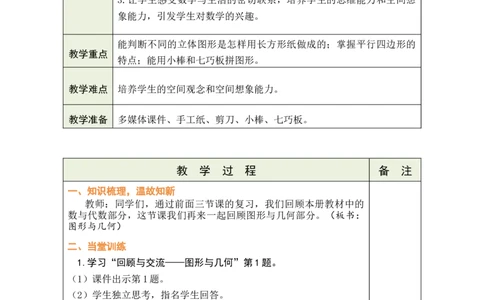 第2课时图形与几何_26春北师大版数学二下_00、教案共6套完整版表格式+文档式整册+课时word版_第1套表格式教案（有反思）_11总复习教案