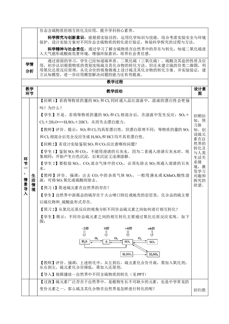 5.1.4硫及其化合物&mdash;不同价态含硫物质的转化（教学设计）-（人教版2019必修第二册）_高化_595801221724高中化学新人教版选择性必修一二三电子版教案PPT课件高中试卷_必修二册（人教版）