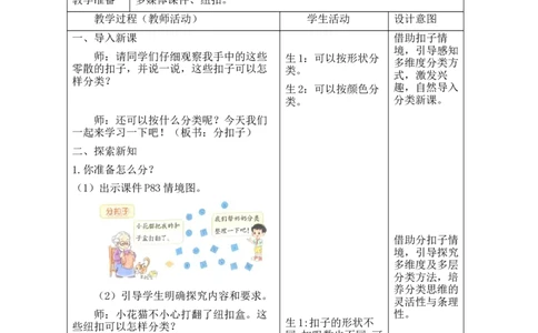 第3课时分扣子_26春北师大版数学二下_00、教案共6套完整版表格式+文档式整册+课时word版_第2套表格式教案（有反思）_第七单元分类