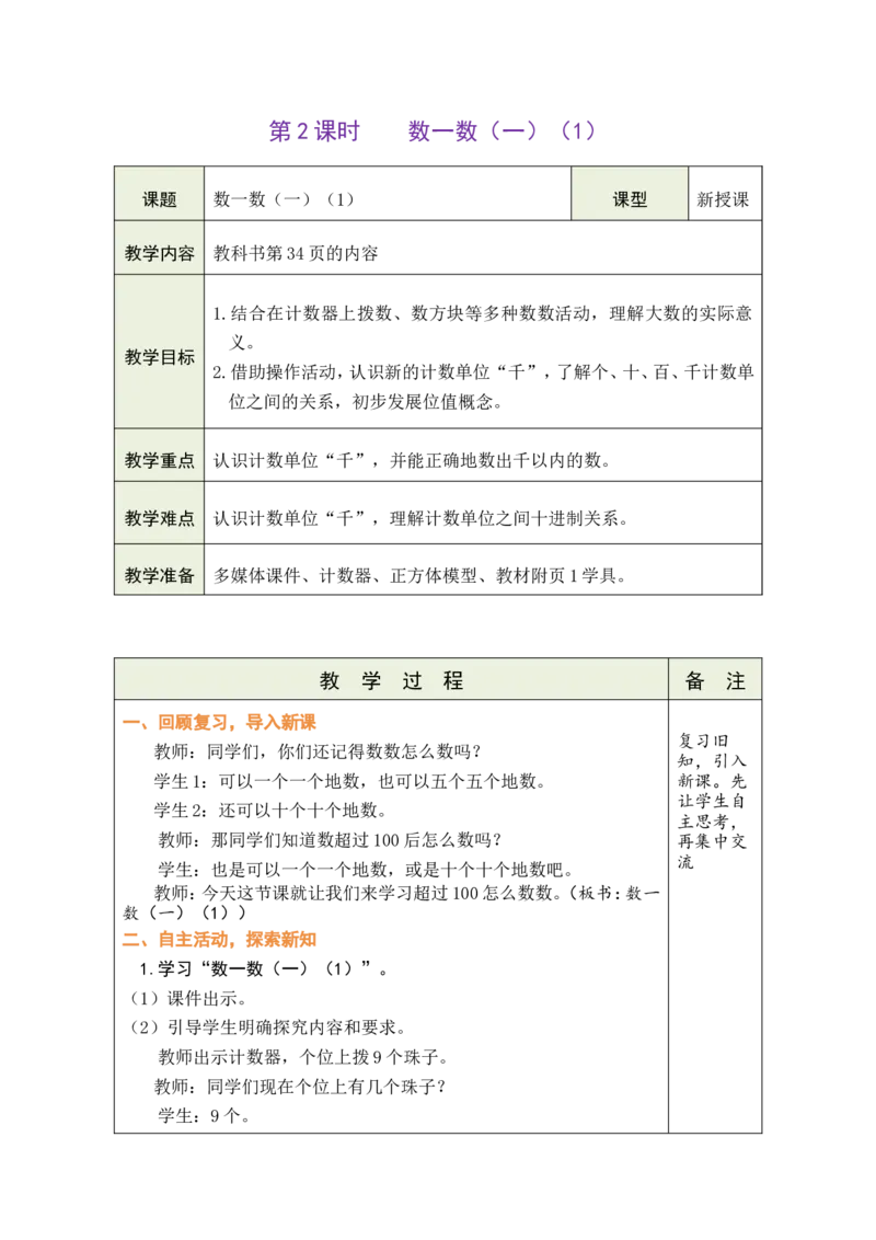 第2课时数一数（一）（1）_26春北师大版数学二下_00、教案共6套完整版表格式+文档式整册+课时word版_第1套表格式教案（有反思）_05第四单元生活中的大数教案