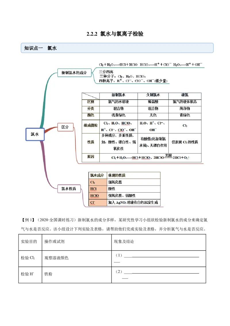 2.2.2氯水及氯离子的检验（精讲）-（人教版）原卷版_高化_595801221724高中化学新人教版选择性必修一二三电子版教案PPT课件高中试卷_必修一册（人教版）_专项练习
