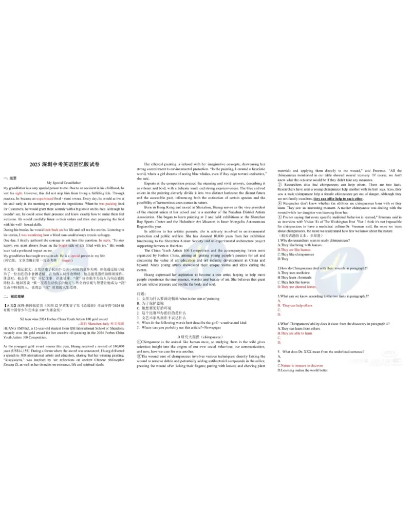 2025年广东省深圳市中考英语真题回忆版_仁爱版英语九年级下册资料包_全国各地中考真题_2025年全国中考英语真题76份