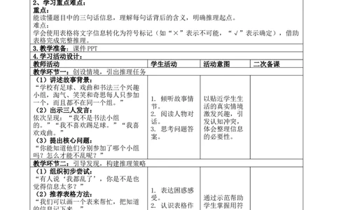 数学好玩：有趣的推理_26春北师大版数学二下_00、教案共6套完整版表格式+文档式整册+课时word版_第4套表格式核心素养教案（无反思）