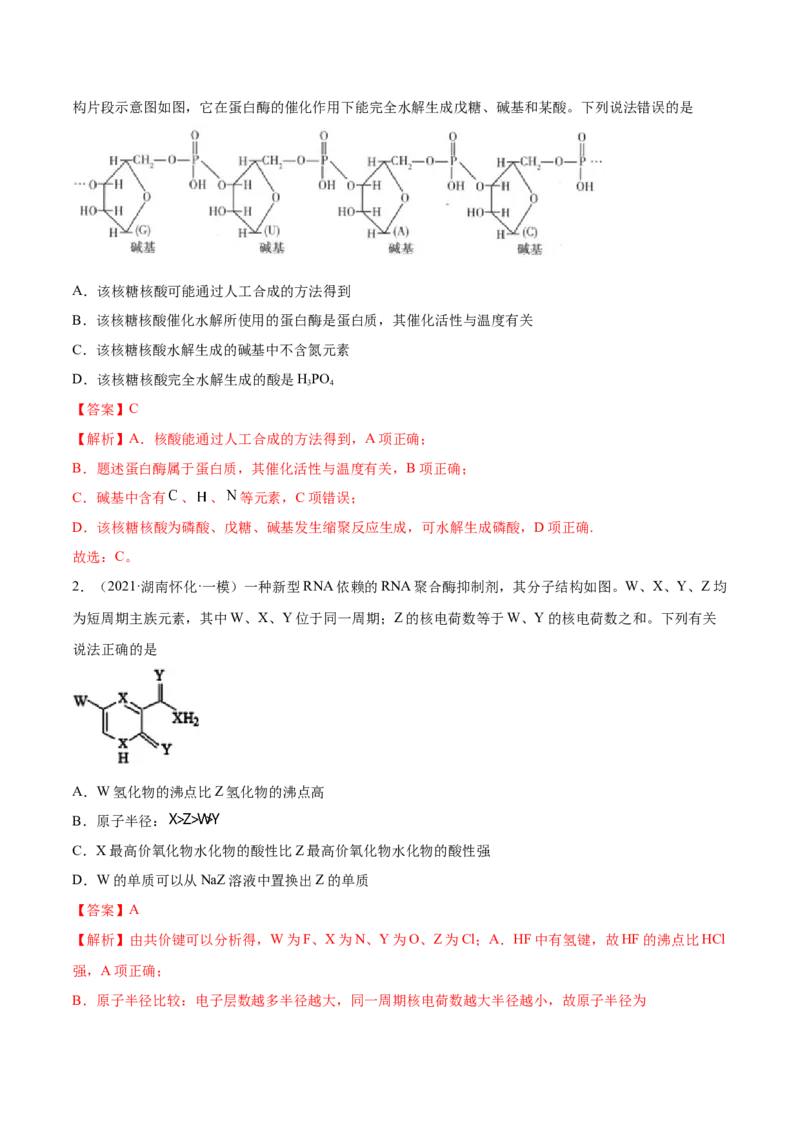 4.3核酸（精练）（人教版2019选择性必修3）（解析版）_高化_595801221724高中化学新人教版选择性必修一二三电子版教案PPT课件高中试卷_选择性必修3册（人教版）_专项练习
