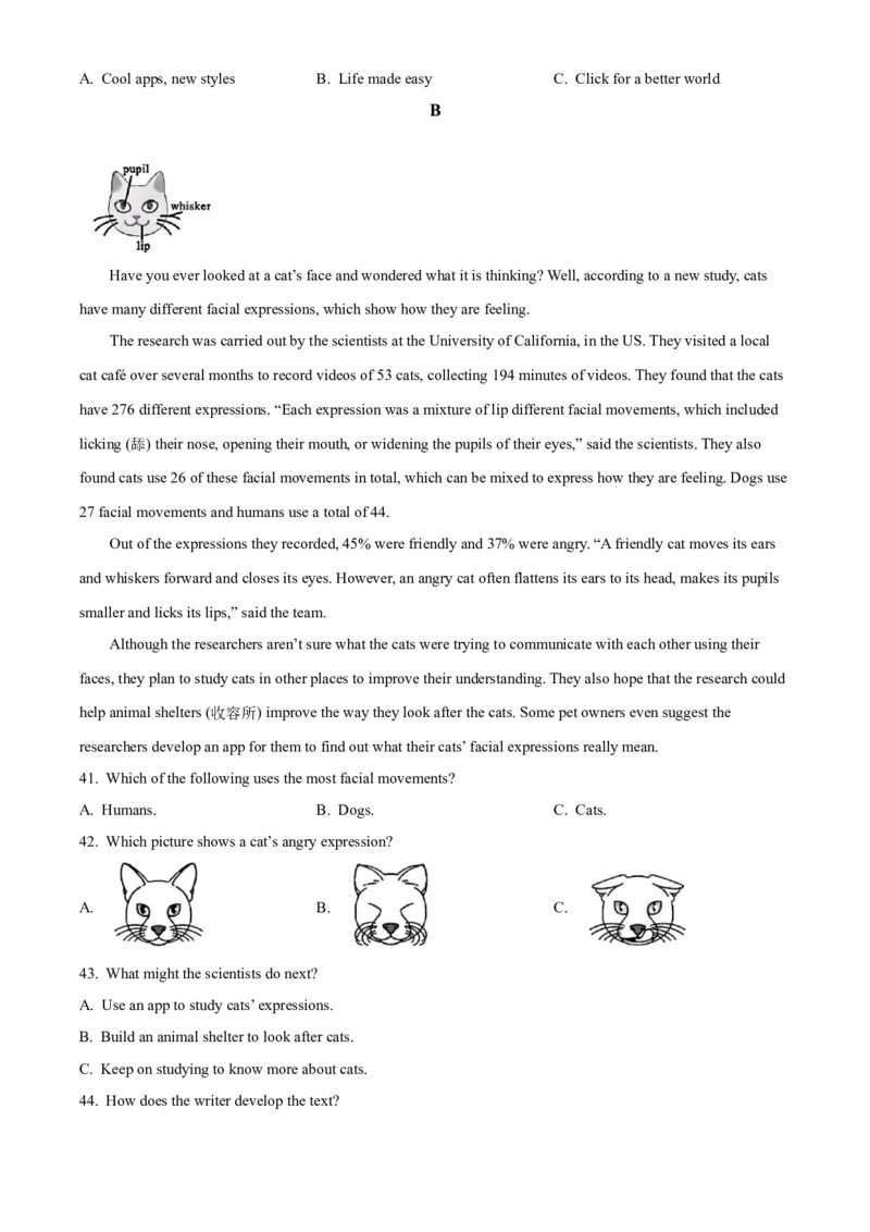 精品解析：2024年四川省成都市中考英语真题（原卷版）_仁爱版英语九年级下册资料包_全国各地中考真题_2024年全国中考英语真题29份_精品解析：2024年四川省成都市中考英语真题