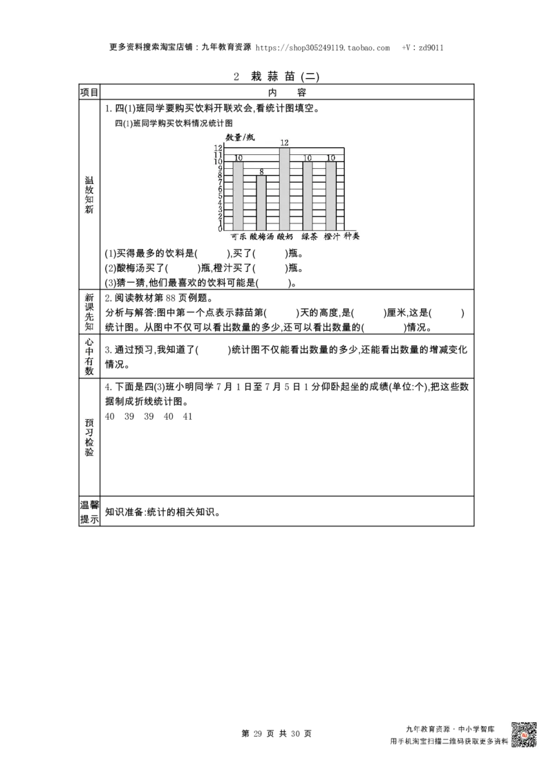 北师大版四年级下册小学数学学前预习单30页_26春北师大版数学二下_19、赠送其它资料_旧版_赠品：北师大数学1-6年级课前预习单