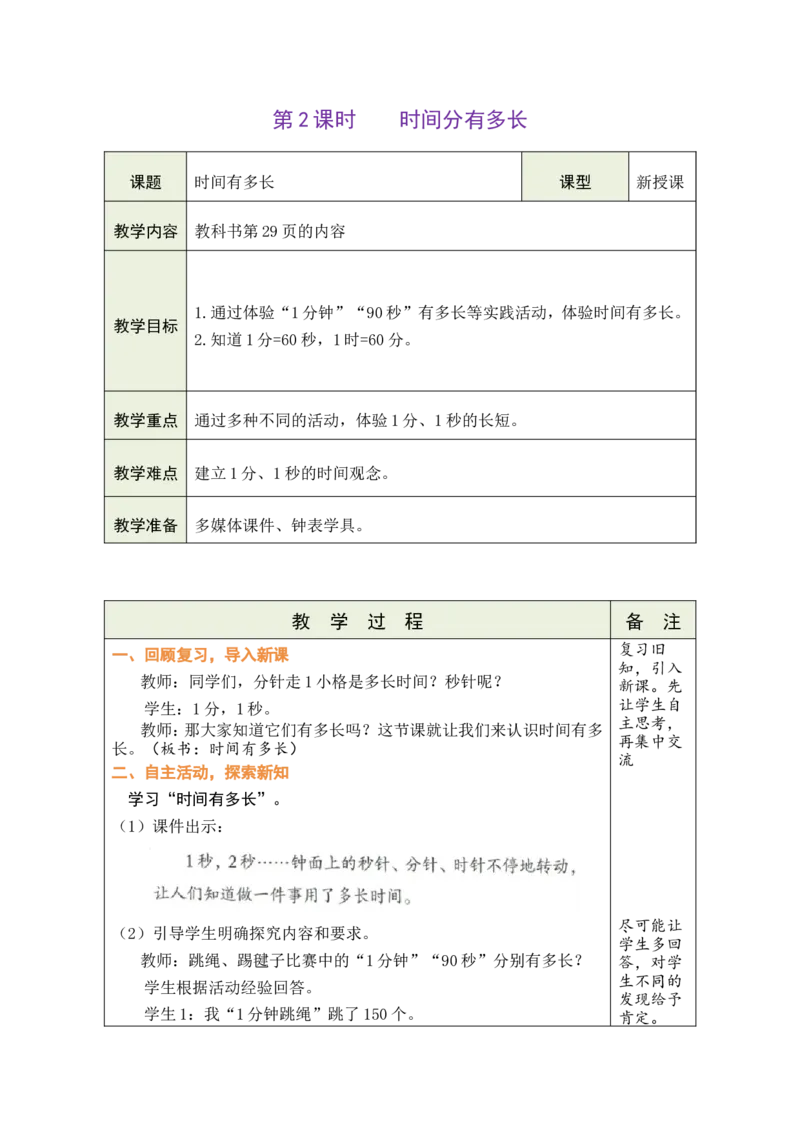 第2课时时间有多长_26春北师大版数学二下_00、教案共6套完整版表格式+文档式整册+课时word版_第1套表格式教案（有反思）_04综合实践参加趣味运动会教案