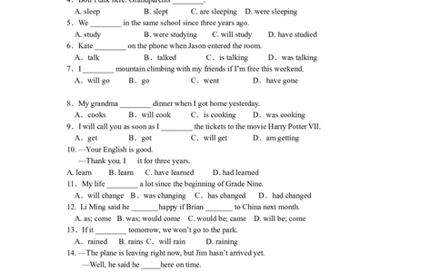 动词时态二巩固练习-_仁爱版英语九年级下册资料包_同步讲义-V31_10总复习_动词时态II（现在完成时，过去进行时，过去完成时，过去将来时）