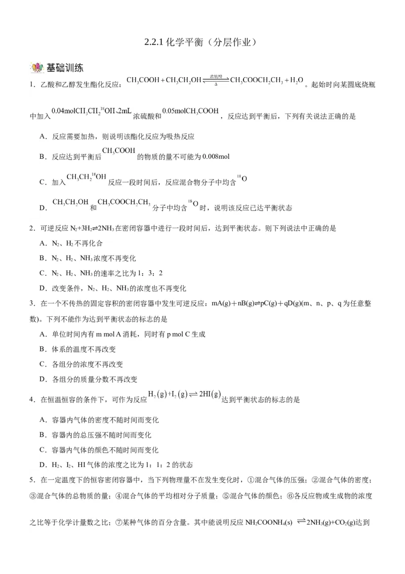 2.2.1化学平衡状态（分层作业）（原卷版）_高化_595801221724高中化学新人教版选择性必修一二三电子版教案PPT课件高中试卷_选择性必修1册（人教版）_分层作业