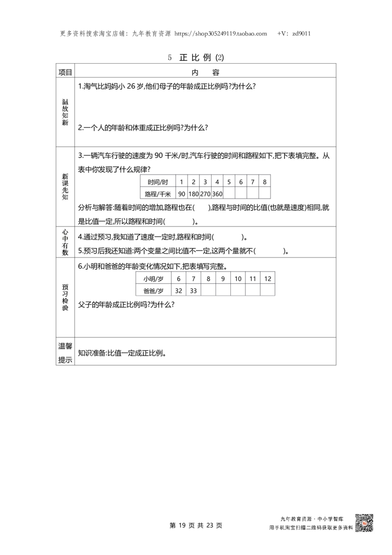 北师大版六年级下册小学数学学前预习单23页_26春北师大版数学二下_19、赠送其它资料_旧版_赠品：北师大数学1-6年级课前预习单