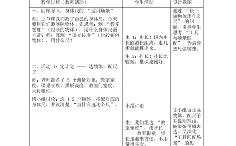 第2课时用身体上的尺子测量_26春北师大版数学二下_00、教案共6套完整版表格式+文档式整册+课时word版_第2套表格式教案（有反思）_综合实践发现身体上的尺子