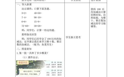 第1课时鱼菜共生_26春北师大版数学二下_00、教案共6套完整版表格式+文档式整册+课时word版_第2套表格式教案（有反思）_第六单元大数加与减（一）