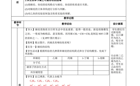 2.2.1烯烃(教学设计)-（人教版2019选择性必修3）_高化_595801221724高中化学新人教版选择性必修一二三电子版教案PPT课件高中试卷_选择性必修3册（人教版）_教学设计