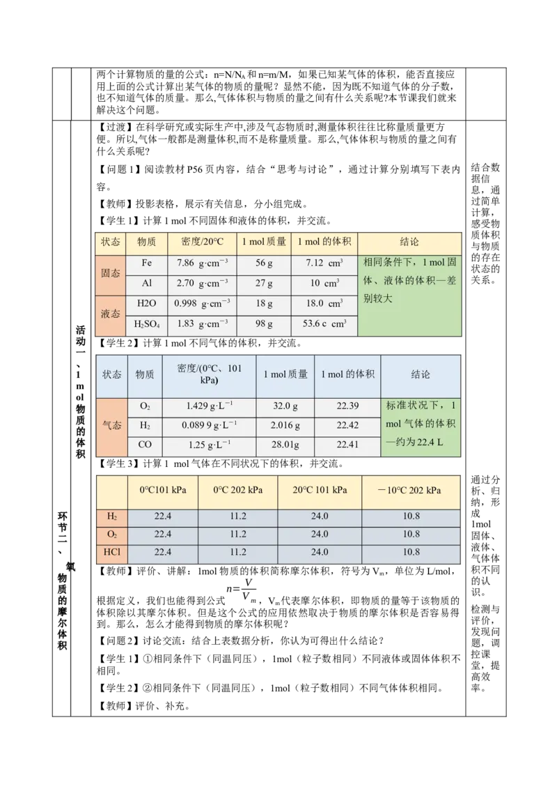 2.3.2气体摩尔体积（教学设计）-（人教版2019必修第一册）_高化_595801221724高中化学新人教版选择性必修一二三电子版教案PPT课件高中试卷_必修一册（人教版）_教学设计