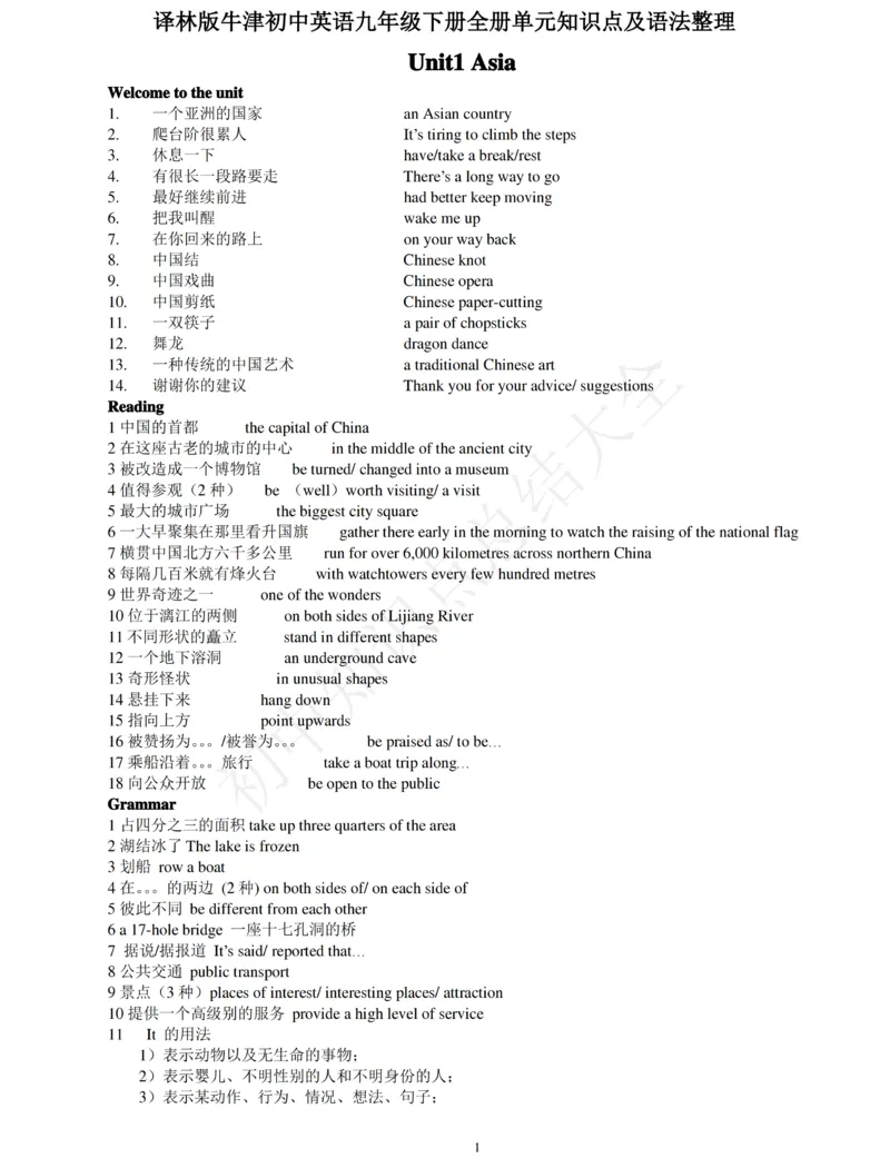 译林版牛津初中英语九年级下册全册单元知识点及语法整理_24秋《初中各科知识点梳理》_初中英语《知识梳理》7-9年级上下册_知识梳理_译林版初中英语7-9年级上下册知识梳理