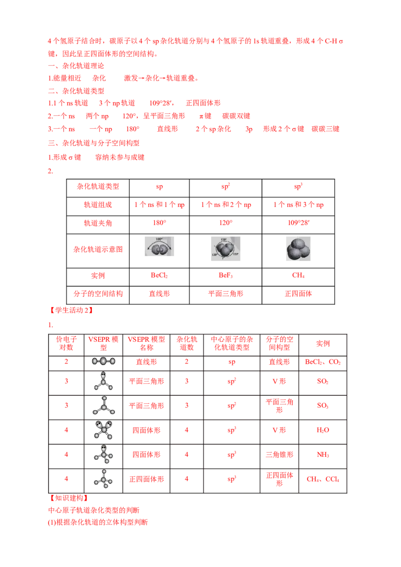 2.2.2杂化轨道理论简介-学案-2020-2021学年下学期高二化学同步精品课堂(新教材人教版选择性必修2)（解析版）_高化_2025春-人教版高中化学_04新版高中化学选择性必修2_04课件+教案+学案+习题