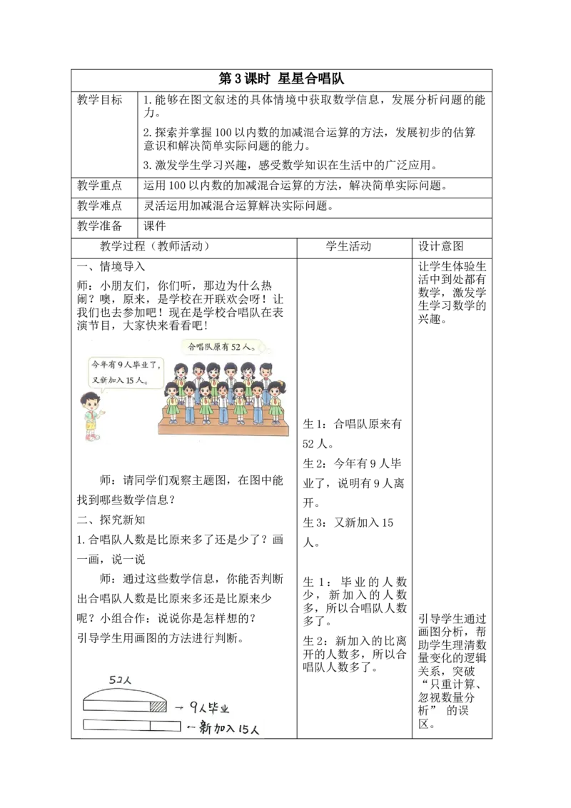 第一单元第3课时星星合唱队_26春北师大版数学二下_00、教案共6套完整版表格式+文档式整册+课时word版_第2套表格式教案（有反思）_第一单元100以内数加与减（三）表格版