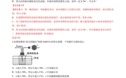 2.1.4焰色试验和侯氏制碱法（习题）-名课堂精选2022-2023学年高一化学同步精品备课系列（人教版2019必修第一册）（解析版）_高化_2025春-人教版高中化学_01新版高中化学必修一_习题