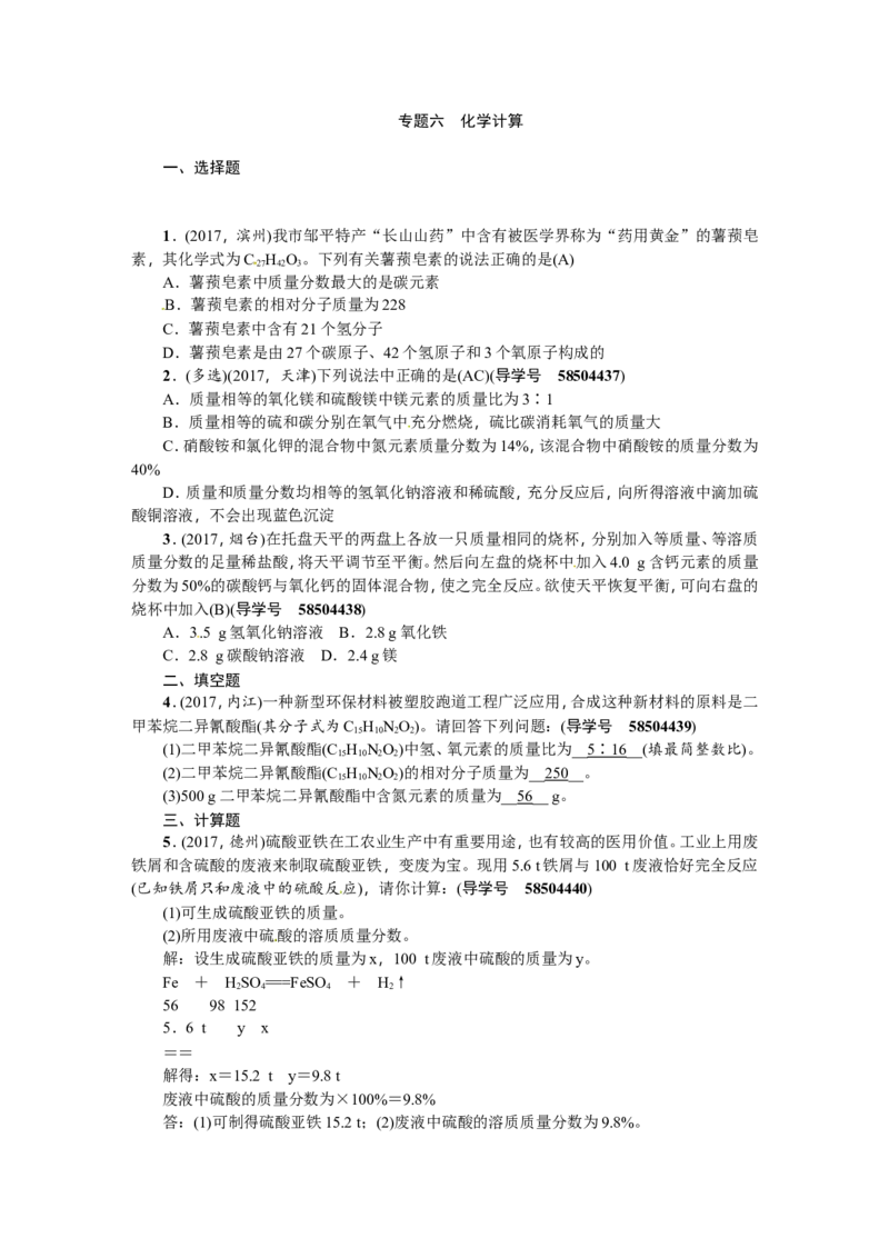 专题六化学计算_初中化学_01.人教版初中化学_07.初中化学中考总复习_2018年（聚焦新中考）人教版_2018年（聚焦新中考）人教版第2篇考点跟踪专题突破练习全套