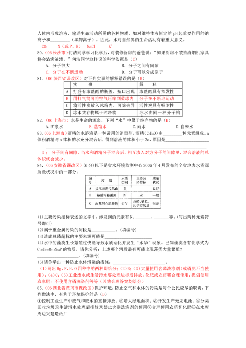 全国中考化学真题分类汇编《自然界的水》(32页)(附有完整答案)_初中化学_01.人教版初中化学_01.初中化学课件PPT--教案--试题_初中化学&mdash;课件&mdash;教案&mdash;试题-推荐_9年级上试题_第4单元