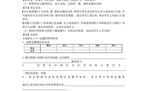 《实验活动4金属的物理性质和某些化学性质》教案_初中化学_01.人教版初中化学_01.初中化学课件PPT--教案--试题_初中化学全套_化学教案_化学：人教版九年级全册实验活动教案(16份)